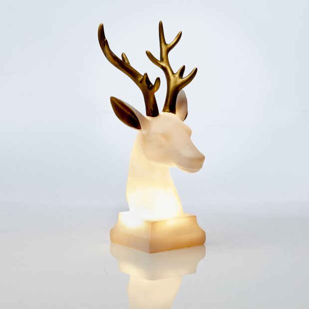 LED Polyresin Figur Rentier Kopf Gold/Weiß mit integrierter warmweißer Lampe Dekoration Ambiente