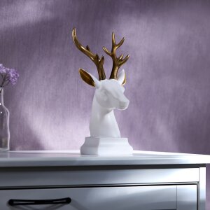 LED Polyresin Figur Rentier Kopf Gold/Weiß mit integrierter warmweißer Lampe Dekoration Ambiente