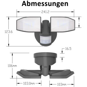 LED Strahler Batterie 2 Fluter-Köpfe Bewegungsmelder Schwenkbar 400 Lumen Grau