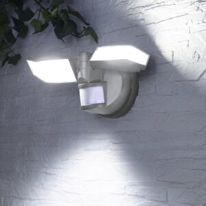 LED Strahler Batterie 2 Fluter-Köpfe Bewegungsmelder Schwenkbar 400 Lumen Grau