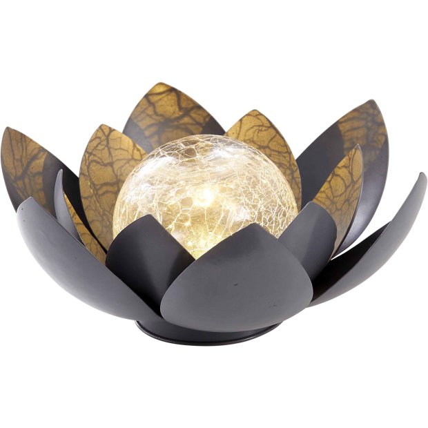 Northpoint Dekorative Solar Lotus Wasserlilie aus Metall mit Glaskugel warmweißes Licht - Bruchglasoptik (D x H) 28 x 12 cm Groß Grau
