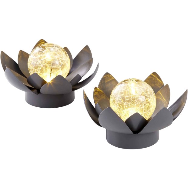 Northpoint 2x Dekorative Lotus Wasserlilie batteriebetrieben mit Timer aus Metall mit Glaskugel warmweißes Licht - Bruchglasoptik (D x H) 16,5 x 8 cm Grau Klein