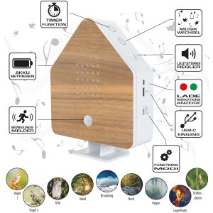 Naturgeräuschebox Vogel Gesang Vogelzwitscher Box Bewegungsmelder Vogelgeräusche - Buchenholz / Haus