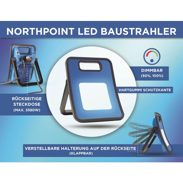 Northpoint Profi LED Arbeitsstrahler Baustrahler 30W 3000 Lumen rückseitige Steckdose 3m Netzkabel