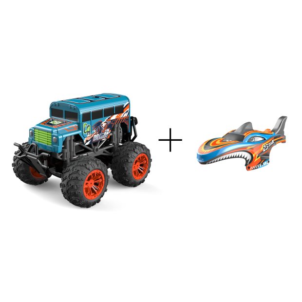 Northpoint Ferngesteuerte Autos Monstertruck Hai Orange Spielzeug LED Licht echter Rauch Fernbedienung aufladbarem Akku wechselbare Cover