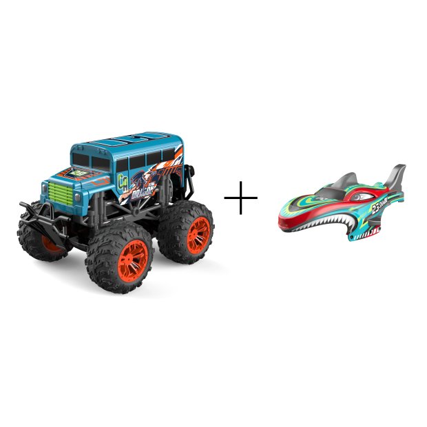 Northpoint Ferngesteuerte Autos Monstertruck Hai Türkis Spielzeug LED Licht echter Rauch Fernbedienung aufladbarem Akku wechselbare Cover
