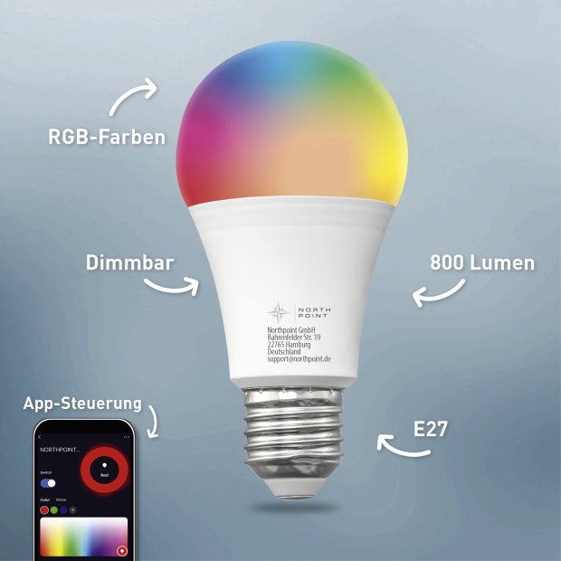 Northpoint Tuya Smart LED Glühbirne E27 8W 800lm RGBW Warmweiß WLAN Smarthome Alexa Google