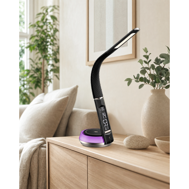 LED Schreibtischlampe Tischlampe Wireless Charger Leder Optik mit drahtloser - Schwarz