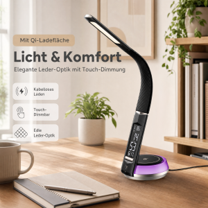LED Schreibtischlampe Tischlampe Wireless Charger Leder Optik mit drahtloser - Schwarz