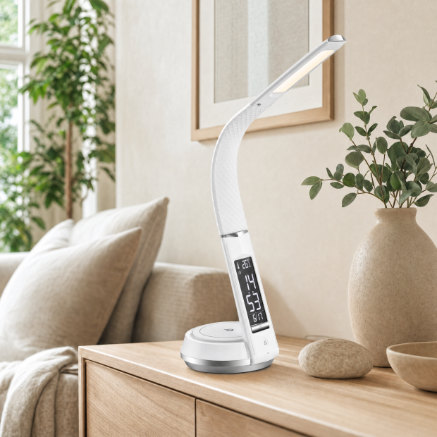 LED Schreibtischlampe Tischlampe wireless Charger Leder Optik mit drahtloser QI-Ladestation - Weiß