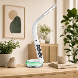 LED Schreibtischlampe Tischlampe wireless Charger Leder Optik mit drahtloser QI-Ladestation - Weiß