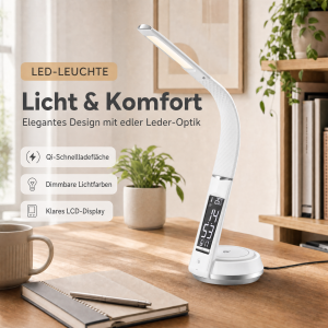LED Schreibtischlampe Tischlampe wireless Charger Leder Optik mit drahtloser QI-Ladestation - Weiß