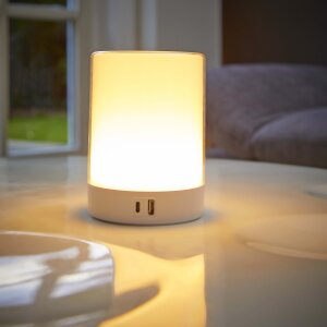 LED Tischleuchte Tischlampe in Weiß mit Touch-Taste Dimmfunktion Farbwechsel Ladeports