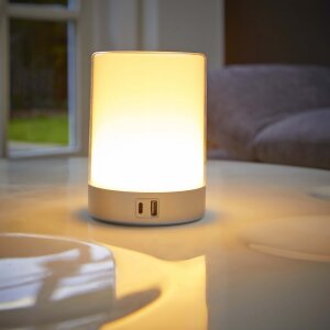 LED Tischleuchte Tischlampe in Silber mit Touch-Taste Dimmfunktion Farbwechsel Ladeports