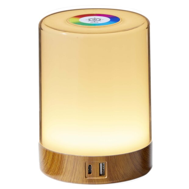 LED Tischleuchte Tischlampe in Holzoptik mit Touch-Taste Dimmfunktion Farbwechsel Ladeports