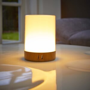LED Tischleuchte Tischlampe in Holzoptik mit Touch-Taste Dimmfunktion Farbwechsel Ladeports