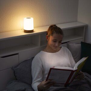 LED Tischleuchte Tischlampe in Holzoptik mit Touch-Taste Dimmfunktion Farbwechsel Ladeports