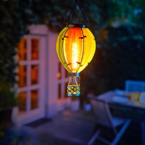 LED Solar Laterne Heißluftballon Windlicht Metall-Gestell aus buntem Regenbogen Echtglas