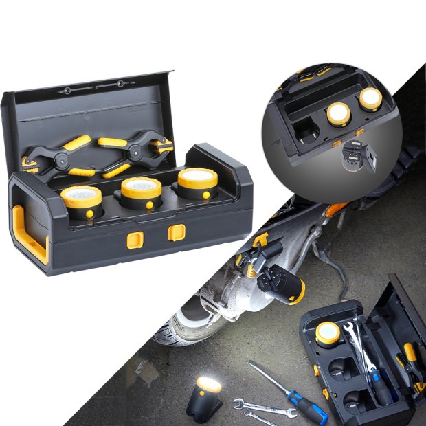 Northpoint LED 3x KFZ Arbeitsleuchten Inspektionslampen mit integriertem 2000mAh Akku 3er-Set mit Ladekoffer 2 Tischklemmen Magnethalterung
