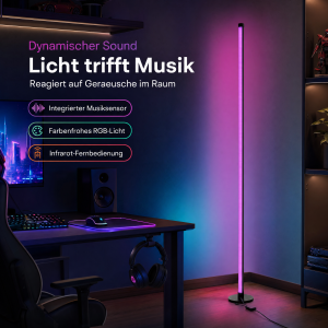 LED Stehlampe Ecklampe mit Fernbedienung integriertem Musiksensor RGB Farbeffekte Rund - Schwarz RGB