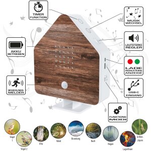 Naturgeräuschebox Vogel Gesang Vogelzwitscher Box Bewegungsmelder - Nussbaumholz / Haus