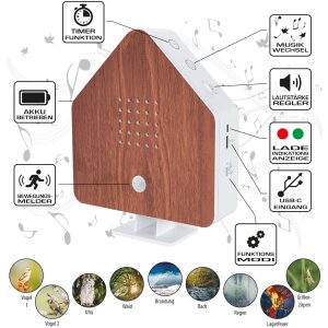 Naturgeräuschebox Vogel Gesang Vogelzwitscher Box Bewegungsmelder Vogelgeräusche - Kirschholz / Haus