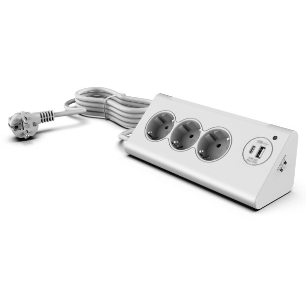 3-Fach Ecksteckdosenleiste mit Nachtlicht mit Dämmerungssensor USB und USB-C Ausgänge 140cm - Weiß