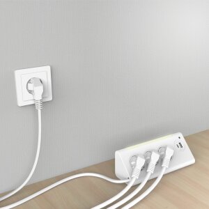 3-Fach Ecksteckdosenleiste mit Nachtlicht mit Dämmerungssensor USB und USB-C Ausgänge 140cm - Weiß