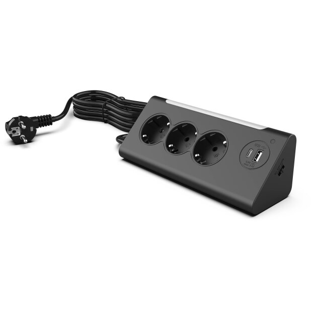 3-Fach Ecksteckdosenleiste mit Nachtlicht mit Dämmerungssensor USB und USB-C Ausgänge - Schwarz