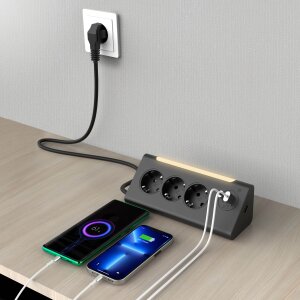 3-Fach Ecksteckdosenleiste mit Nachtlicht mit Dämmerungssensor USB und USB-C Ausgänge - Schwarz