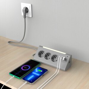 3-Fach Ecksteckdosenleiste mit Nachtlicht mit Dämmerungssensor USB und USB-C Ausgänge 140cm - Grau
