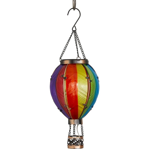 B-Ware Northpoint LED Solar Laterne Heißluftballon Windlicht Metall-Gestell aus buntem Regenbogen Echtglas Außenbereich Dekoration Garten Solarpanel