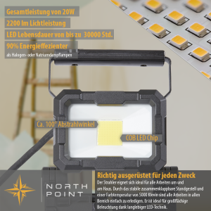 LED Arbeitsstrahler 20 W 2200 Lumen 5000 K IP65 Dimmfunktion mit rückseitigem Schalter Aufhängung