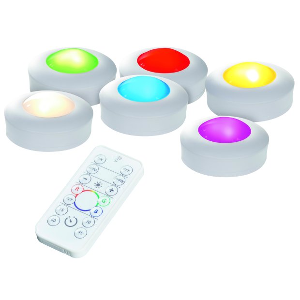 B-Ware LED Spots 6er Set Beleuchtung Set bis zu 35 Stunden Laufzeit Unterbau Küchenlampe Schrankbeleuchtung TV Farbwechsel Vitrine Warmweiß Dimmbar Timer inkl. Batterien Touch Fernbedienung Batteriebetrieben