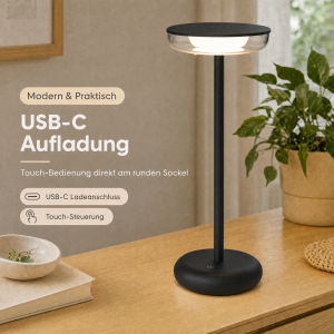 LED Akku Tischlampe Schwarz Dimmbar Touch Warmweiß USB-C Nachttischlampe kabellos 27,4cm