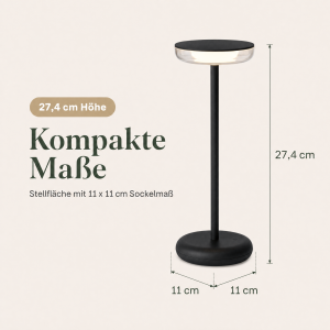 LED Akku Tischlampe Schwarz Dimmbar Touch Warmweiß USB-C Nachttischlampe kabellos 27,4cm