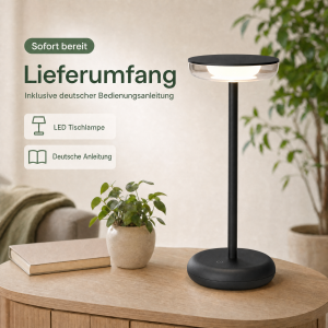 LED Akku Tischlampe Schwarz Dimmbar Touch Warmweiß USB-C Nachttischlampe kabellos 27,4cm