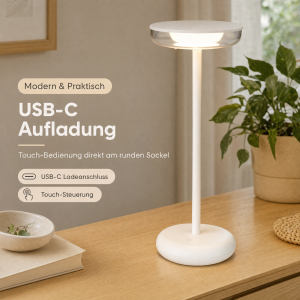 LED Akku Tischlampe Weiß Dimmbar Touch Warmweiß USB-C Nachttischlampe kabellos 27,4cm