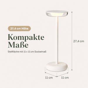 LED Akku Tischlampe Weiß Dimmbar Touch Warmweiß USB-C Nachttischlampe kabellos 27,4cm
