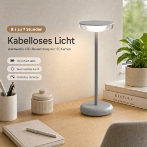 LED Akku Tischlampe Grau Dimmbar Touch Warmweiß USB-C Nachttischlampe kabellos 27,4cm