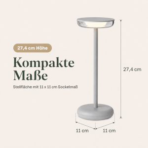 LED Akku Tischlampe Grau Dimmbar Touch Warmweiß USB-C Nachttischlampe kabellos 27,4cm