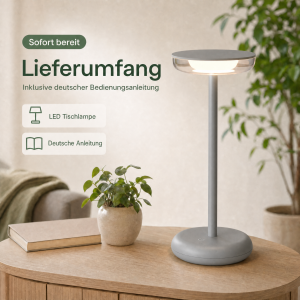 LED Akku Tischlampe Grau Dimmbar Touch Warmweiß USB-C Nachttischlampe kabellos 27,4cm