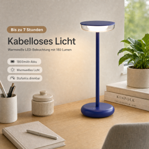 LED Akku Tischlampe Blau Dimmbar Touch Warmweiß USB-C Nachttischlampe kabellos 27,4cm