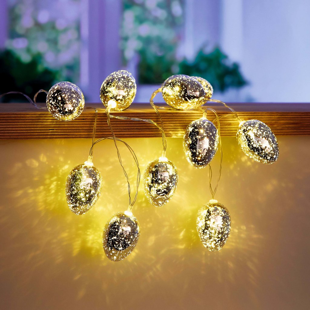 B-Ware LED Osterlichterkette, Silbern glänzend, 10 LED Eier, Batterie