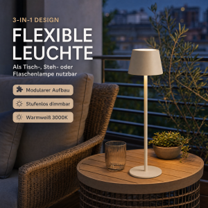 Modulare 3-in-1 LED Akku Tischlampe Beige – Dimmbare Tisch- & Flaschenleuchte, IP54