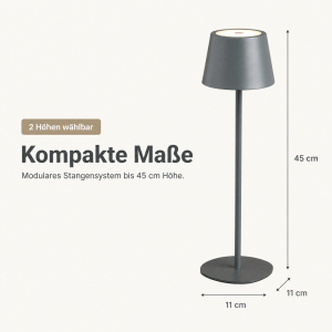 3in1 LED Tischlampe Flaschenleuchte in Grau max. 45cm hoch mit 3000mAh Akku 200lm warmweißes Licht