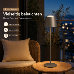 3in1 LED Tischlampe Flaschenleuchte in Grau max. 45cm hoch mit 3000mAh Akku 200lm warmweißes Licht
