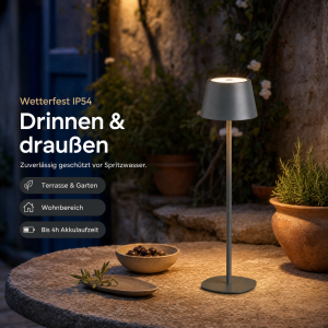 3in1 LED Tischlampe Flaschenleuchte in Grau max. 45cm hoch mit 3000mAh Akku 200lm warmweißes Licht