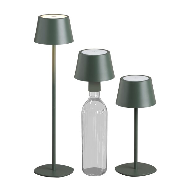 3in1 LED Tischlampe Flaschenleuchte in Olivegrün max. 45cm hoch mit 3000mAh Akku 200lm warmweißes