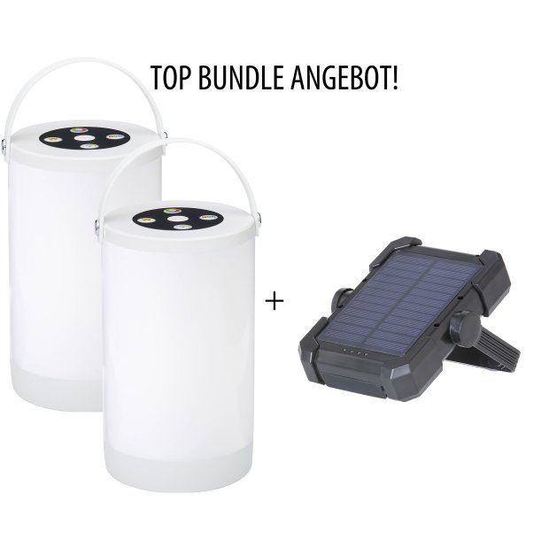 TOP Bundle Angebot ! 2x LED Outdoor Tischleuchte in weiß ohne Akku + Gratis Solar Powerbank 10.000mAh IP44spritzwassergeschützt